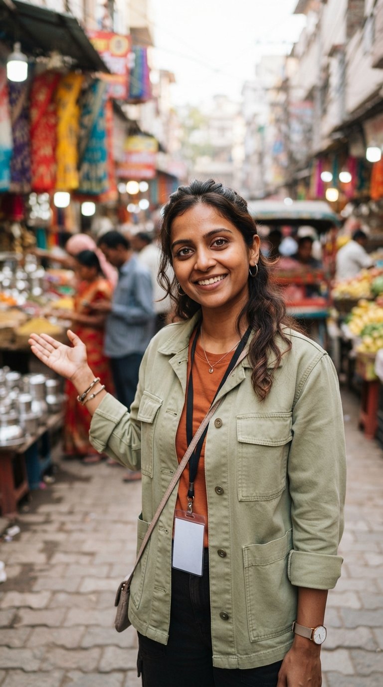 Ananya Kapoor, local India guide, showing travellers around a landmark in India